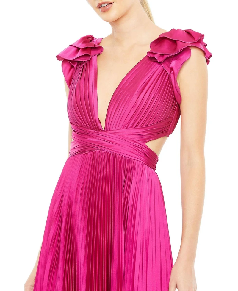 Mac Duggal Women's Ieena Pleated Ruffled Cap Sleeve Cut Out Lace Up Gown