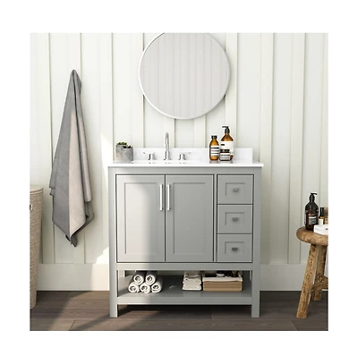 Merrick Lane Vigo Bathroom Vanity With Ceramic Sink, Carrara Marble Finish Countertop, Storage Cabinet With Soft Close Doors, Open Shelf And 3 Drawers