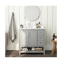 Merrick Lane Vigo Bathroom Vanity With Ceramic Sink, Carrara Marble Finish Countertop, Storage Cabinet With Soft Close Doors, Open Shelf And 3 Drawers