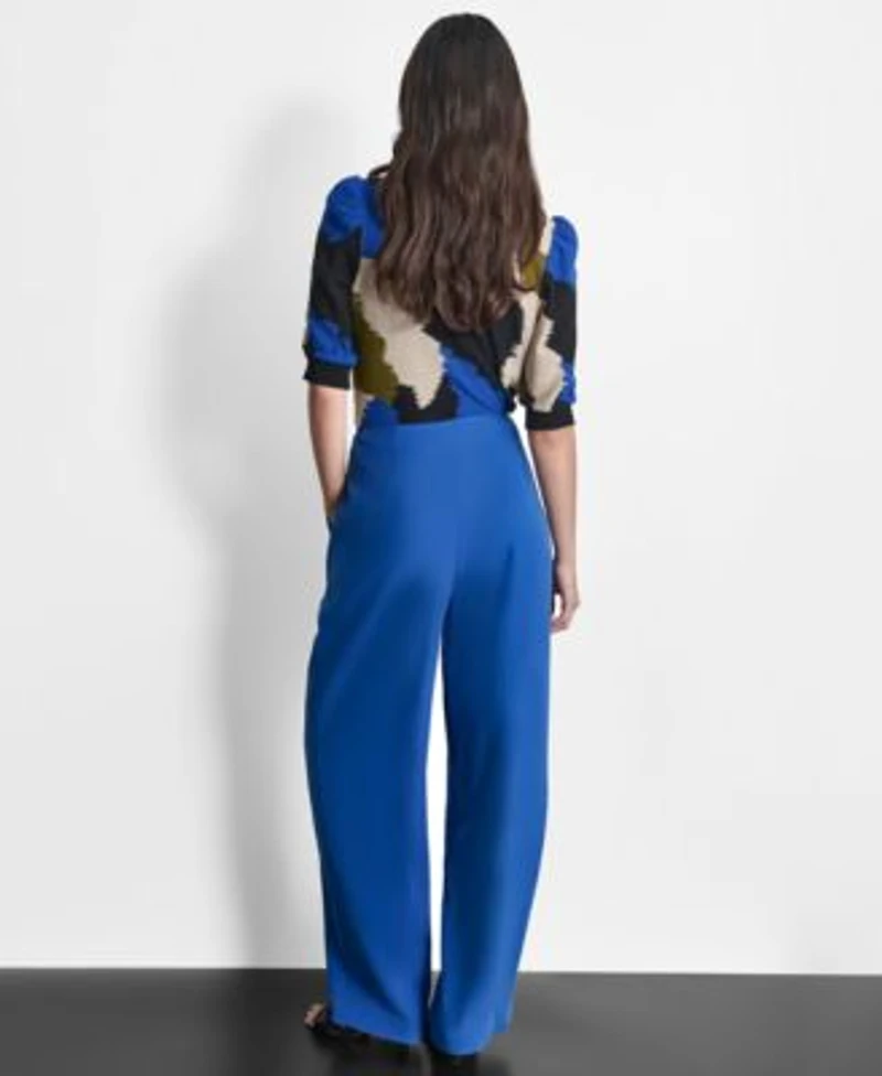 Dkny Womens Puff Sleeve Sweater Tie Front Pleated Wide Leg Pants