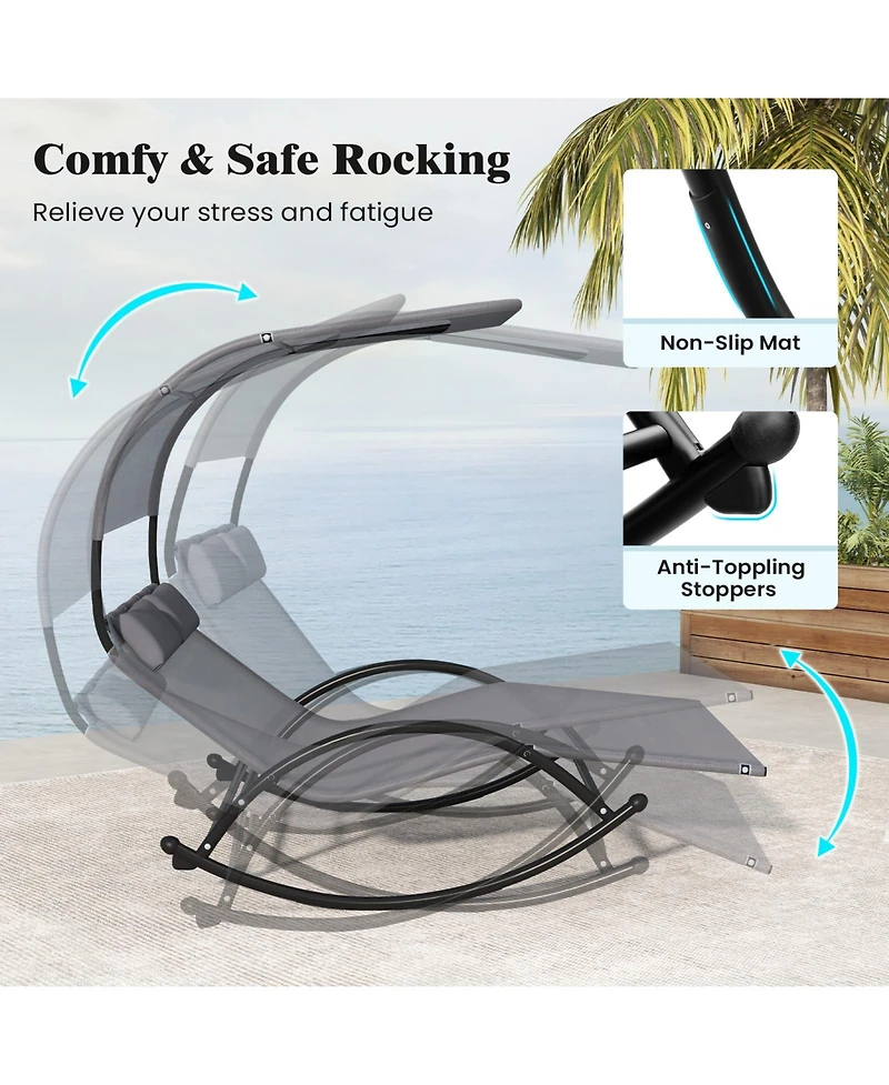 Slickblue Outdoor Dual Rocker Sunbed 2-Person Canopied Patio Lounger with Detachable Headrests-Grey