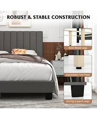 Queen Size Upholstered Bed Frame with Vertical Channel Tufted Headboard-Gray