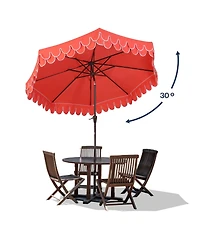 Jonathan Y Tracy 9 ft. Classic MidCentury Scalloped Fringe Market Patio Umbrella with Auto-Tilt Crank, Wind Vent and Uv Protection in Coral