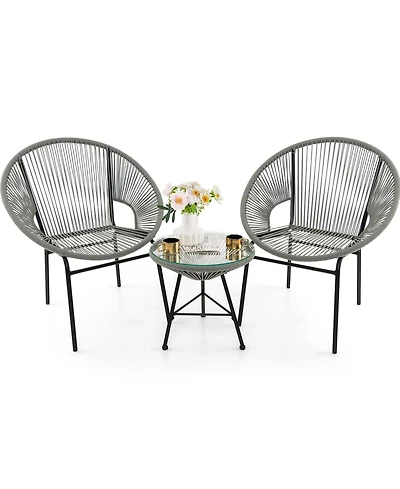 3PCS Patio Acapulco Furniture Bistro Set Plastic Rope Glass Table
