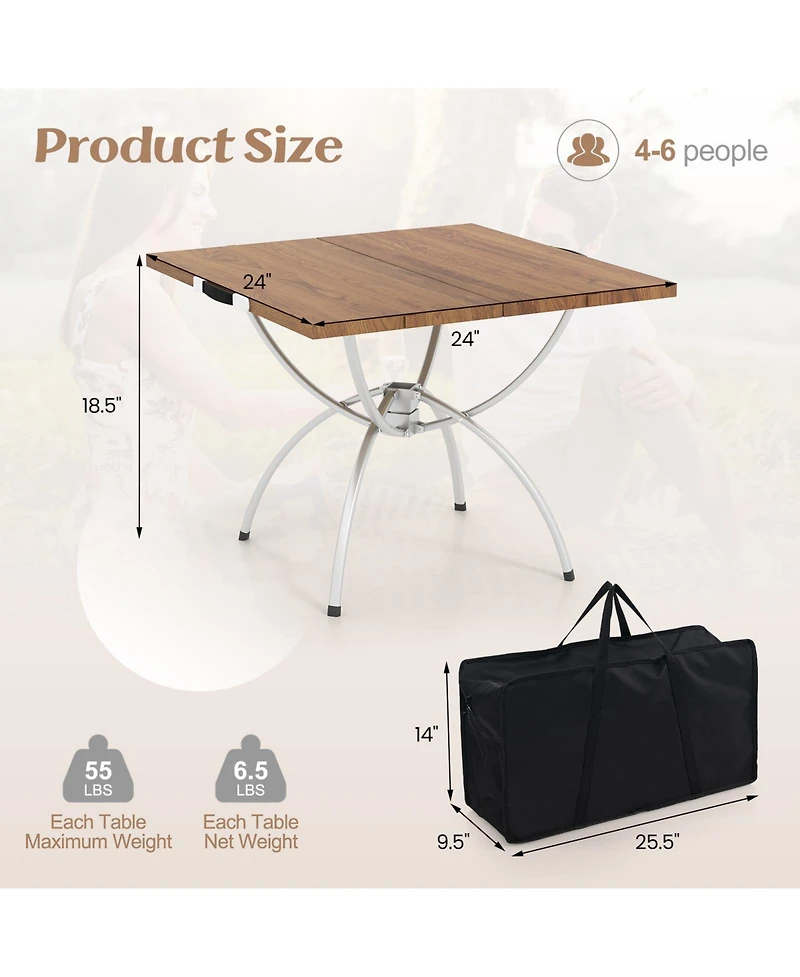 Slickblue 2 Pack Folding Camping Table with Wood-grain Tabletop for Hiking Party-Natural