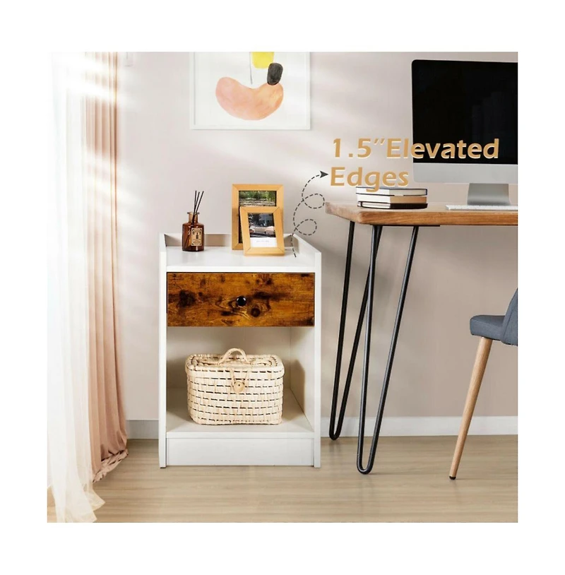 Set of 2 Nightstand with Drawer Cabinet End Side Table Raised Top