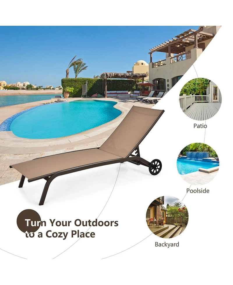 Skonyon 6-Poisition Adjustable Outdoor Chaise Recliner with Wheels