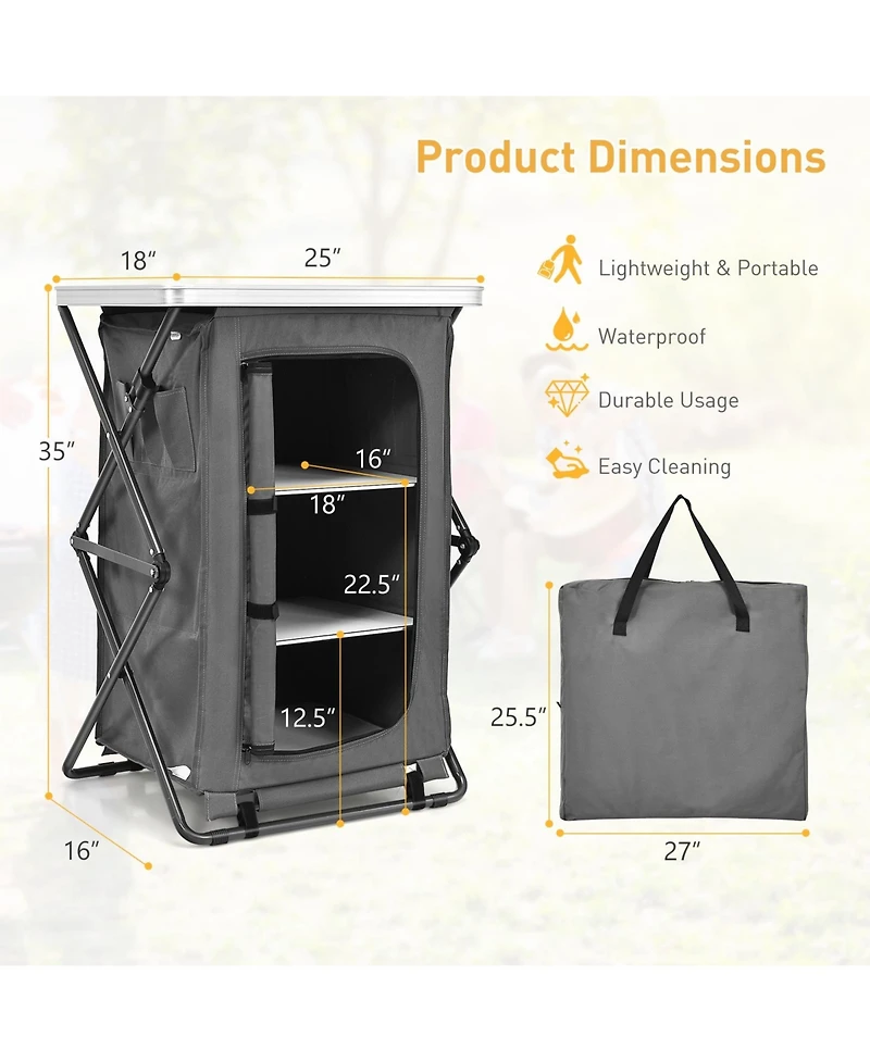 Folding Camping Storage Cabinet with 3 Shelves and Carry Bag