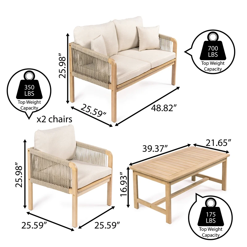Jonathan Y Tavira 4-Piece Modern Bohemian Acacia Wood Outdoor Patio Set with Cushions and Plain Decorative Pillows, Beige/Light Teak