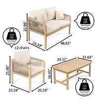 Jonathan Y Tavira 4-Piece Modern Bohemian Acacia Wood Outdoor Patio Set with Cushions and Plain Decorative Pillows, Beige/Light Teak