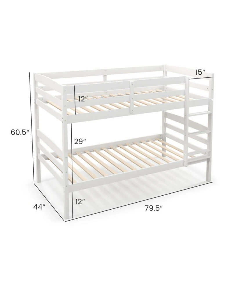 Sugift Solid Wood Twin Over Bunk Bed Frame with High Guardrails and Integrated Ladder