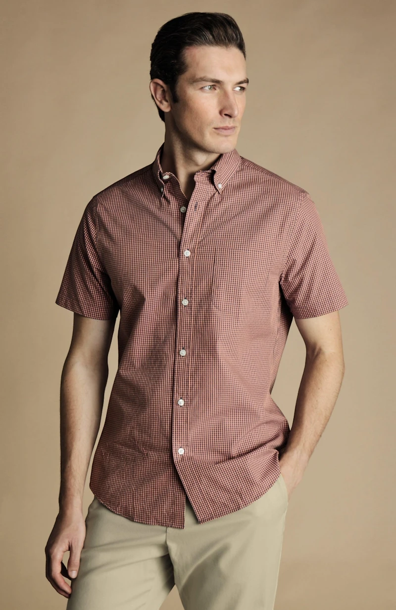Charles Tyrwhitt Men's Slim Fit Light Button-Down Collar Non-Iron Stretch Poplin Mini Gingham Short Sleeve Shirt