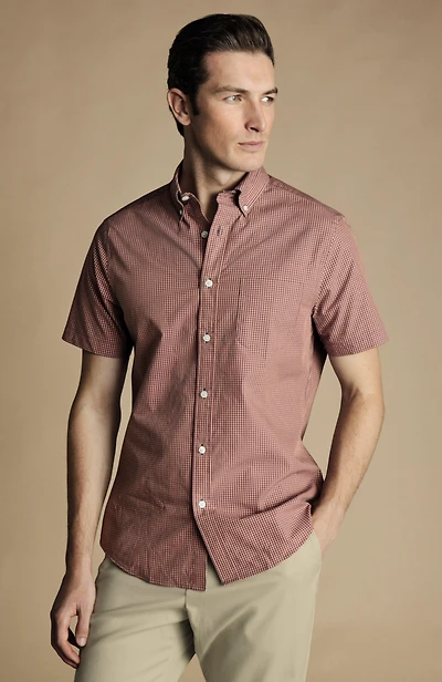 Charles Tyrwhitt Men's Slim Fit Light Button-Down Collar Non-Iron Stretch Poplin Mini Gingham Short Sleeve Shirt