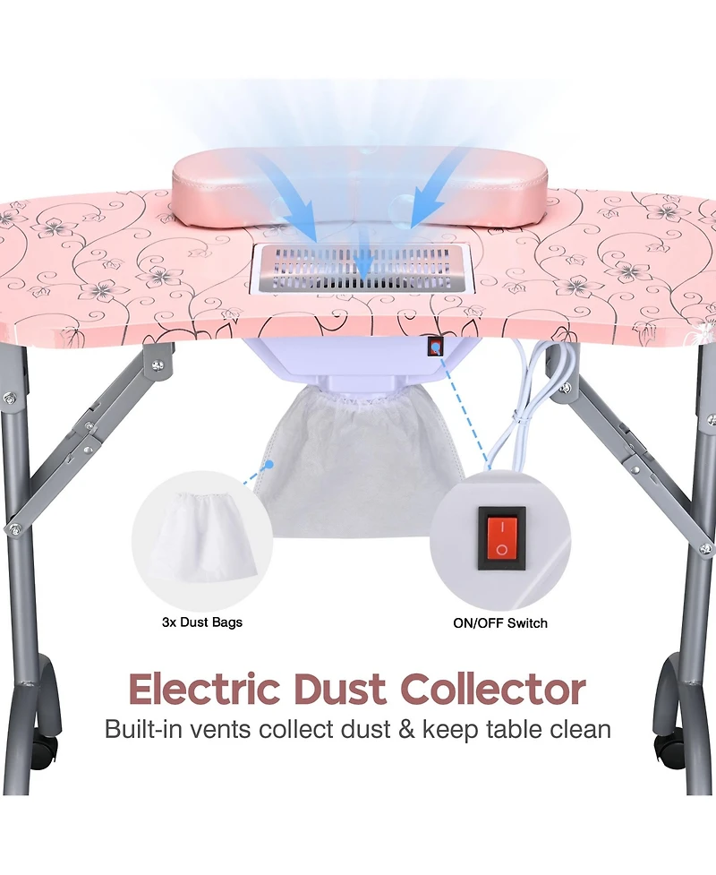 Byootique Manicure Nail Table w/ Uv Led Nail Lamp 135W Portable Folding Nail Technician Desk with Built-in Dust Collector & Carry Bag for Nail Tech Be