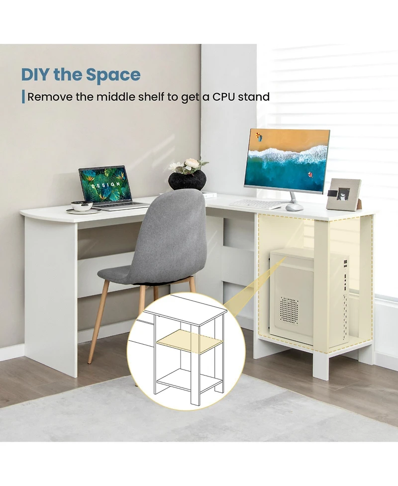 Skonyon Large Modern L-shaped Computer Desk with 2 Cable Holes and 2 Storage Shelves
