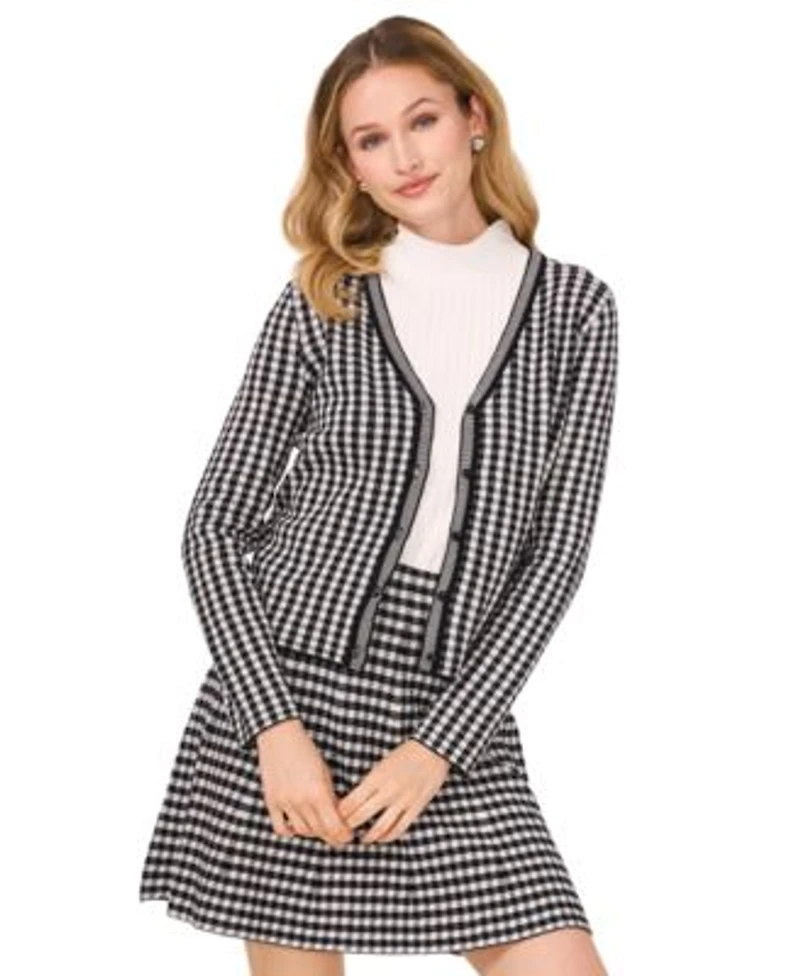 Cece Womens Gingham Cardigan Mock Neck Knit Top Mini Skirt