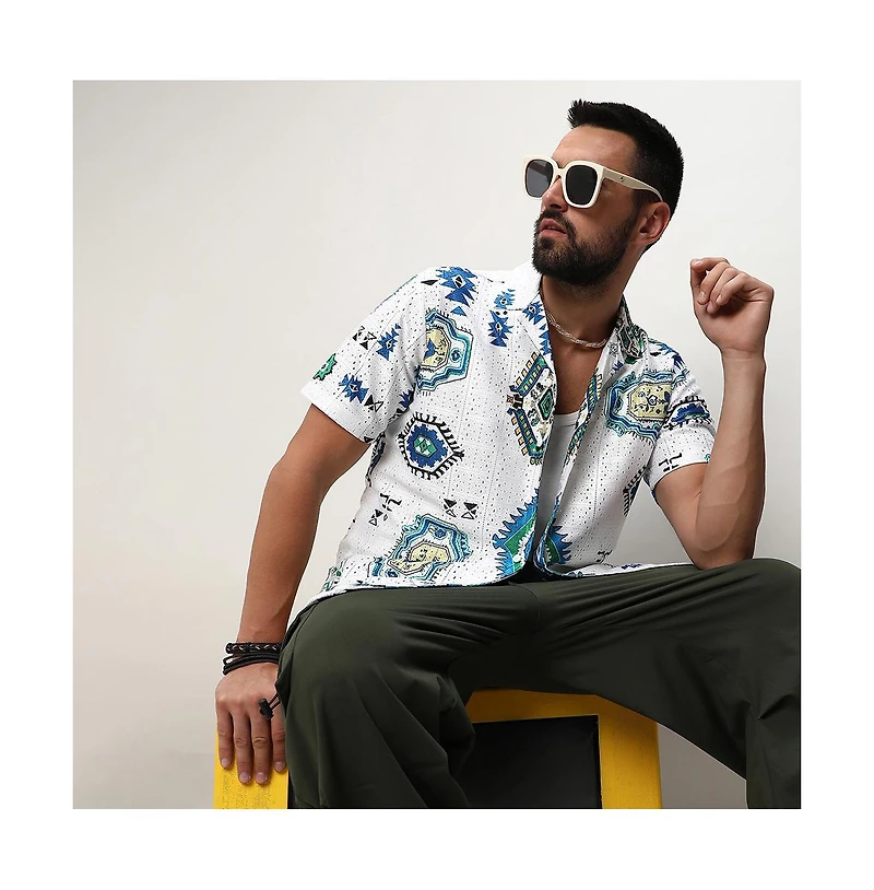 Men's Chalk White Mesh Aztec Shirt