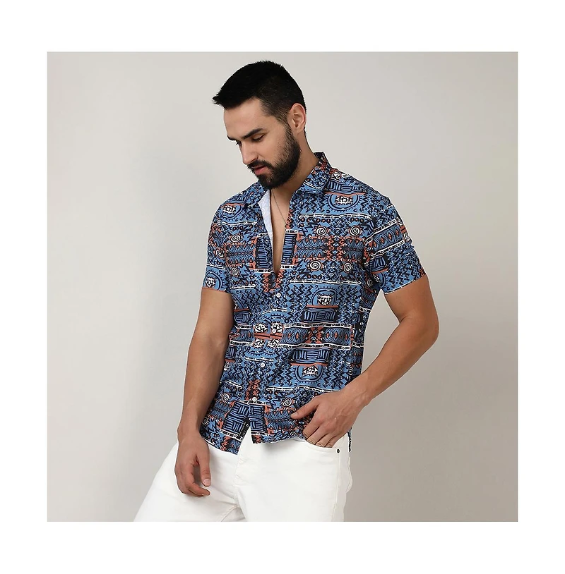 Campus Sutra Men's Icy Blue Artistic Bohemian Shirt