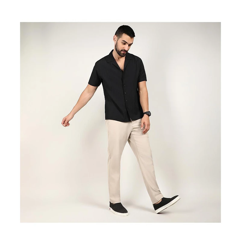 Men's Charcoal Black Self-Design Striped Shirt