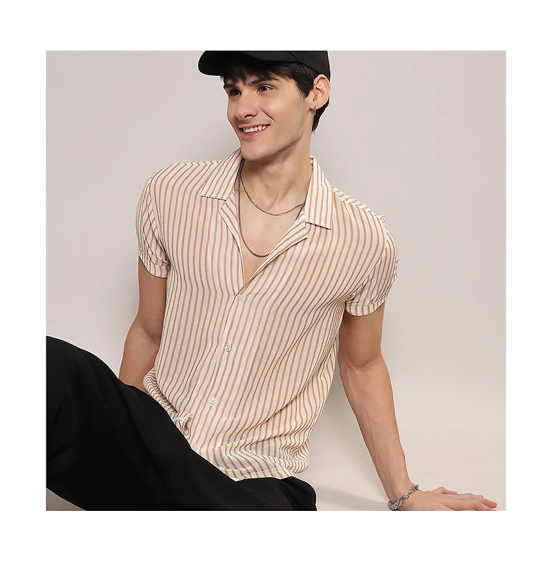 Men's White & Brown Unbalanced Striped Shirt