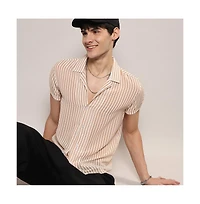 Men's White & Brown Unbalanced Striped Shirt