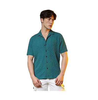 Men's Teal Green Self-Design Creased Striped Shirt