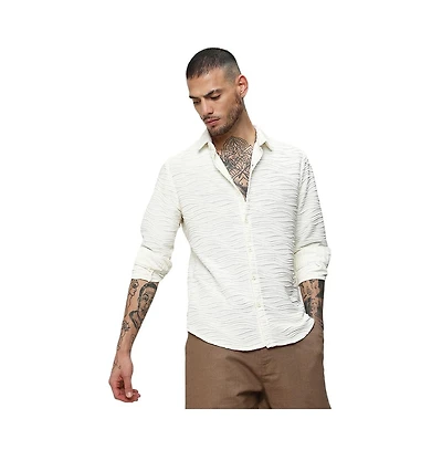 Men's Ivory White Self-Design Wave Shirt