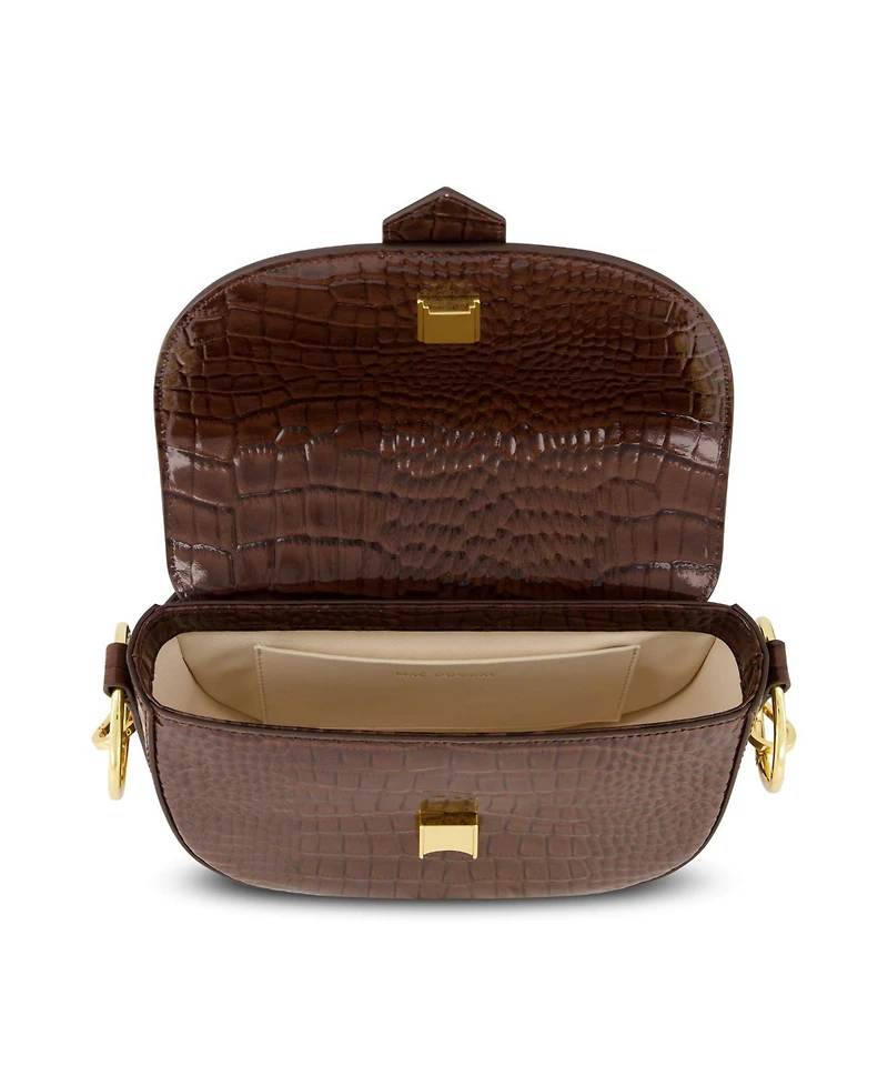 Crocodile Embossed Leather Gold Hardware Saddle Bag