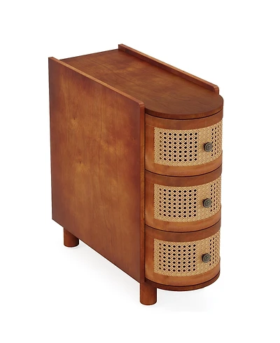 Tribesigns 3-Drawer Rattan End Table, Solid Wood Sofa Side Table with Vintage Embossed Handles, Slim Nightstand for Living Room, Bedroom, Finished Bac