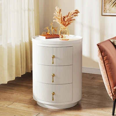 Tribesigns Nightstand with 3 Drawers, No Assembly Bedside Table Night Stand for Bedroom, Modern Round End Side Table with Storage and Gold Handles, Wh