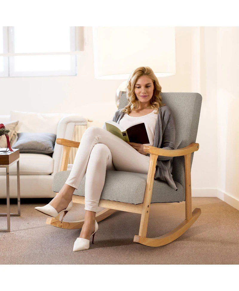 Givimo Upholstered Rocking Chair with Pillow and Rubber Wood Frame