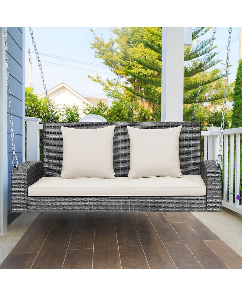 Sugift 2-Person Patio Pe Wicker Hanging Porch Swing Bench Chair Cushion 800 Pounds