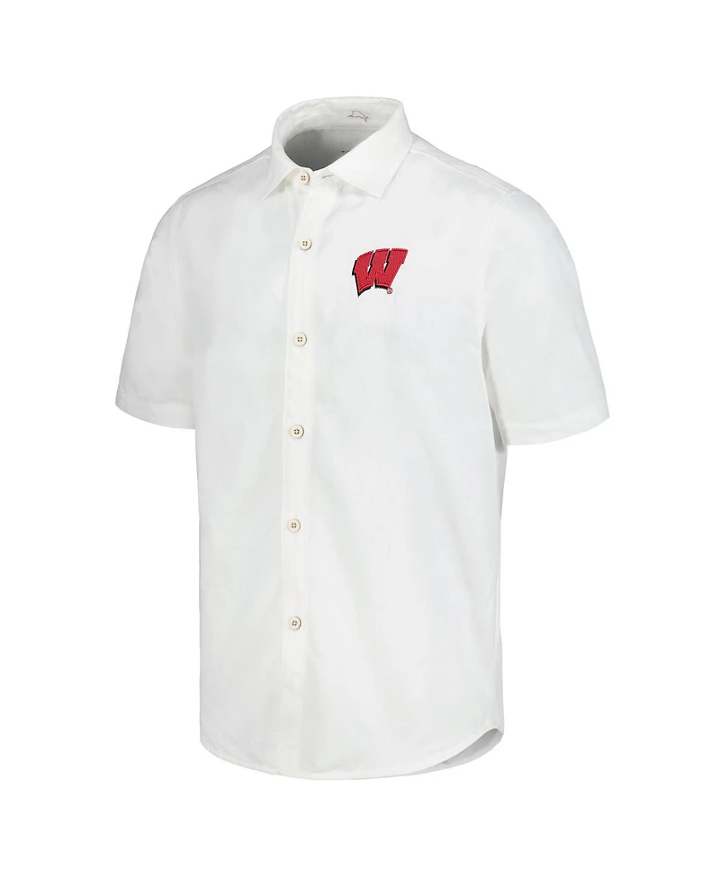 Tommy Bahama Men's White Wisconsin Badgers Coconut Point Palm Vista IslandZone Camp Button-Up Shirt