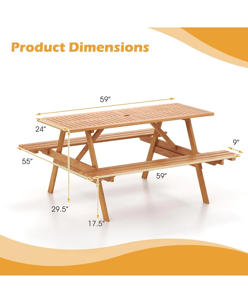 Vebreda 6 Person Picnic Table Set Patio Rectangle with 2 Built-in Benches and Umbrella Hole