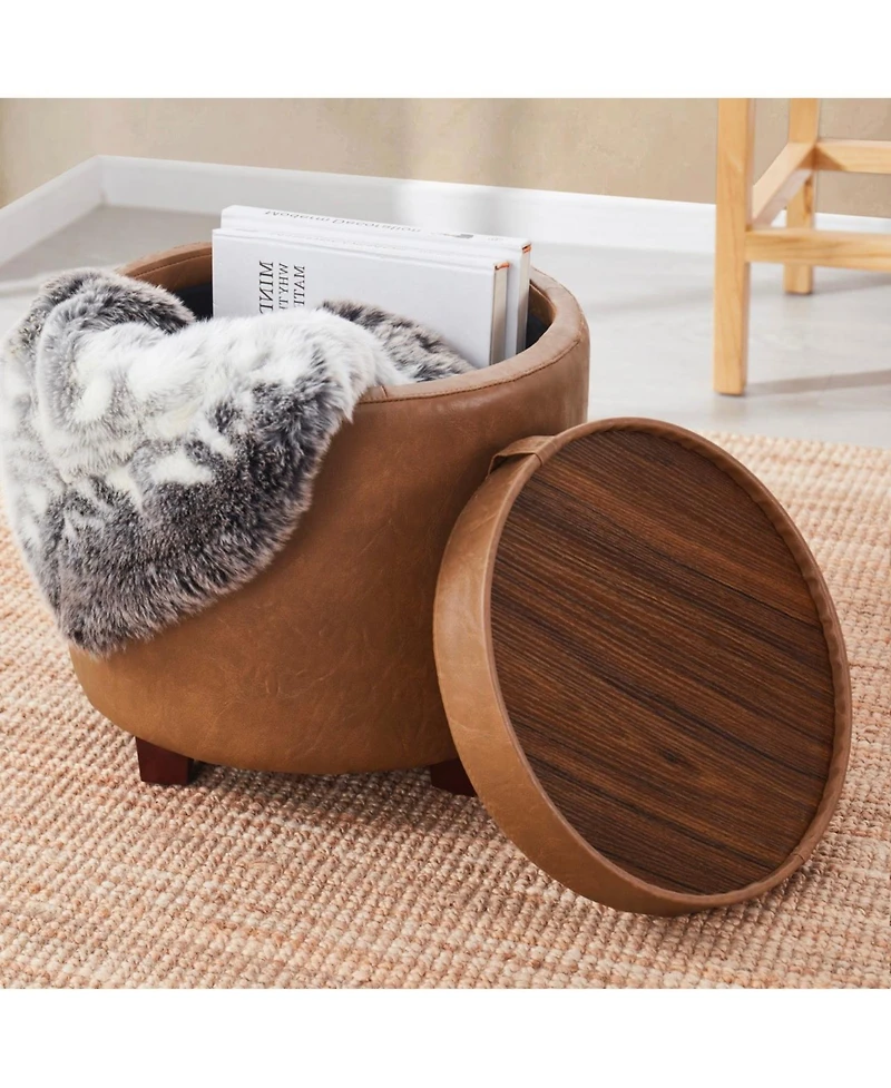 Lawrence Round Faux Leather Storage Ottoman with Table Top Lid
