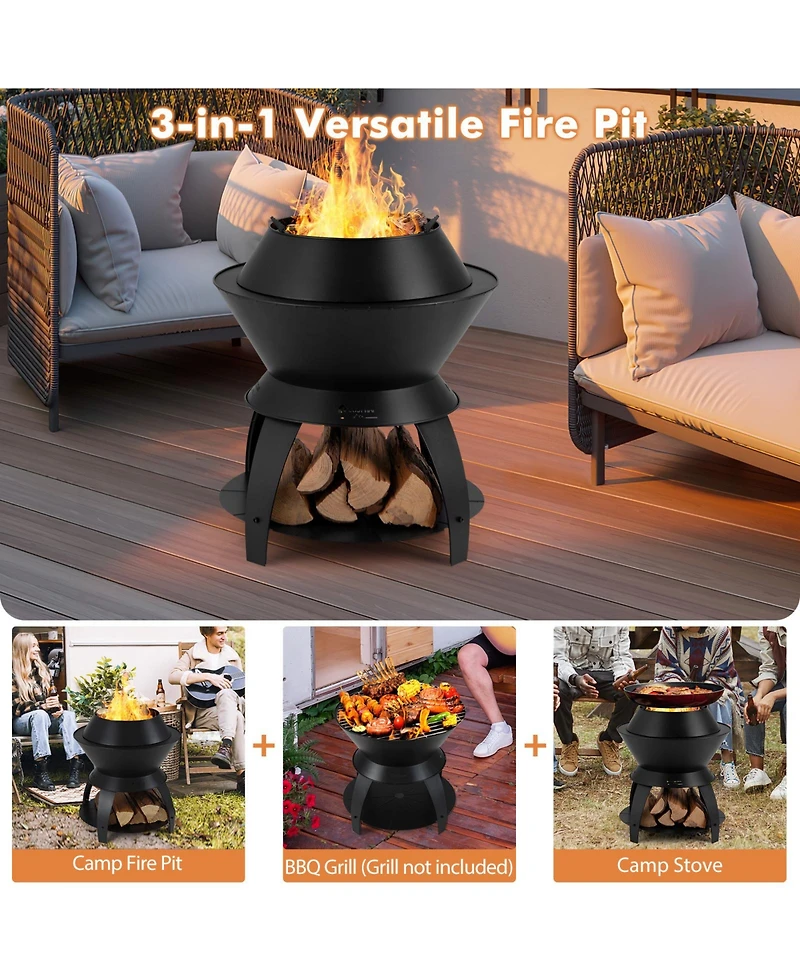 20 Inch Patio Fire Pit Metal Camping Fire Bowl with Pot Holder and Storage Shelf