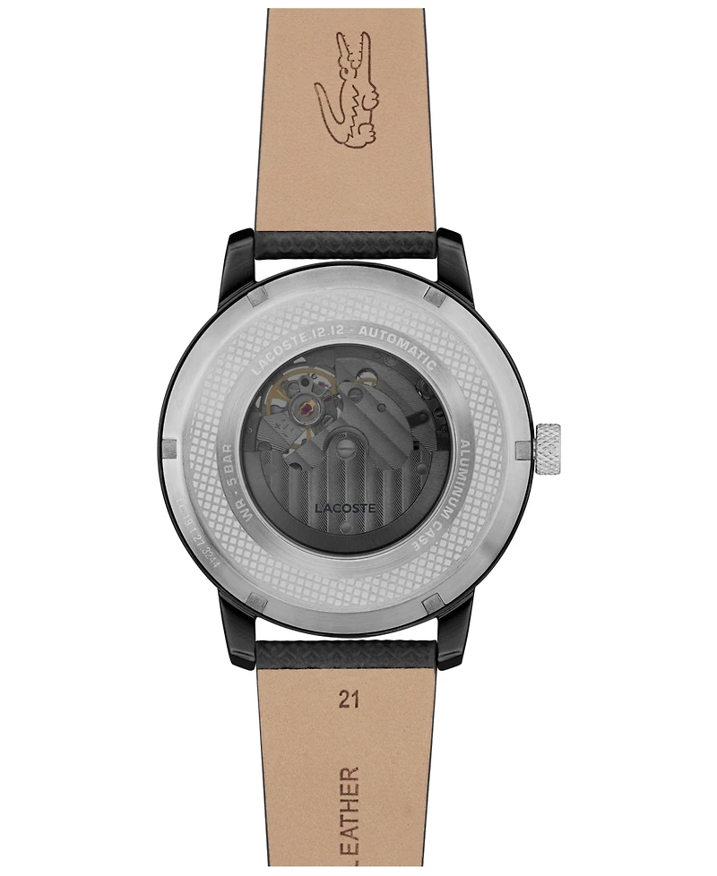 Lacoste Men's L.12.12 Automatique Black Leather Strap Watch 44mm