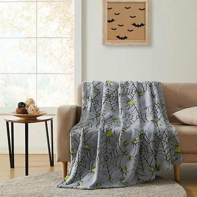 Kate Aurora Halloween Spooky Glow In The Dark Spider Webs Ultra Soft & Plush Oversized Throw Blanket