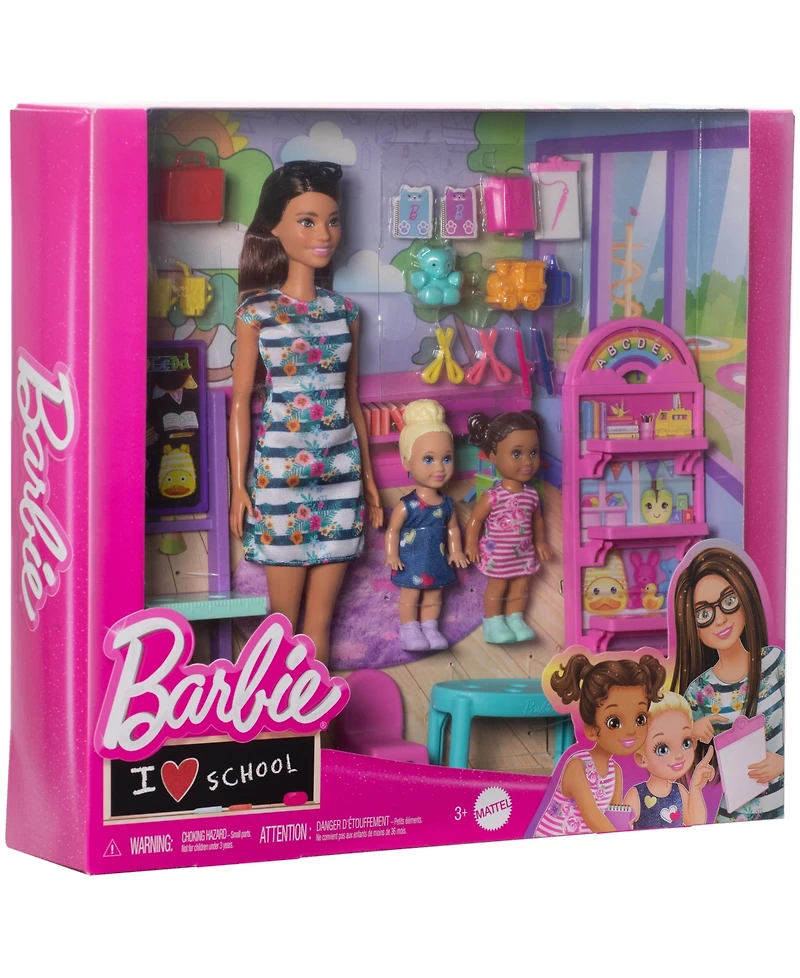 Barbie I Love School Classroom Playset with 1 Fashion Doll, 2 Small Dolls 20+ Accessories