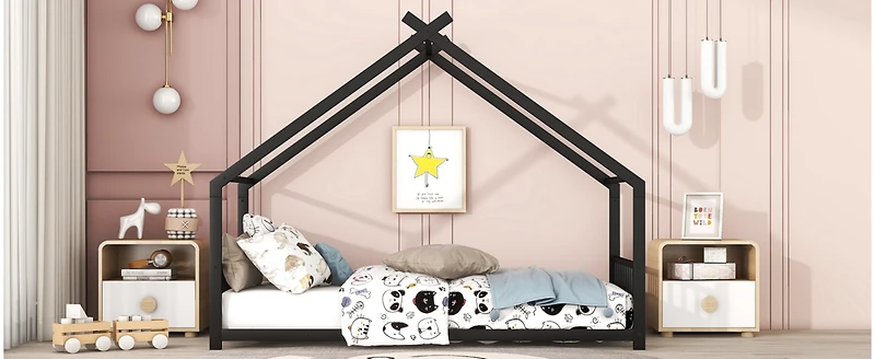Streamdale Twin Metal House Bed, Black