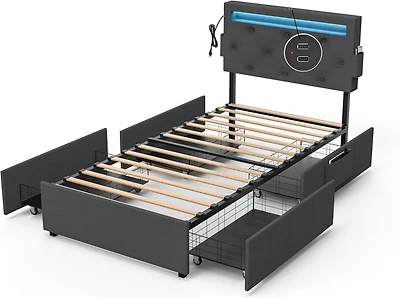 Streamdale Furniture Twin Bed Frame with Usb Charging, Led Lights, Headboard, Storage Drawers