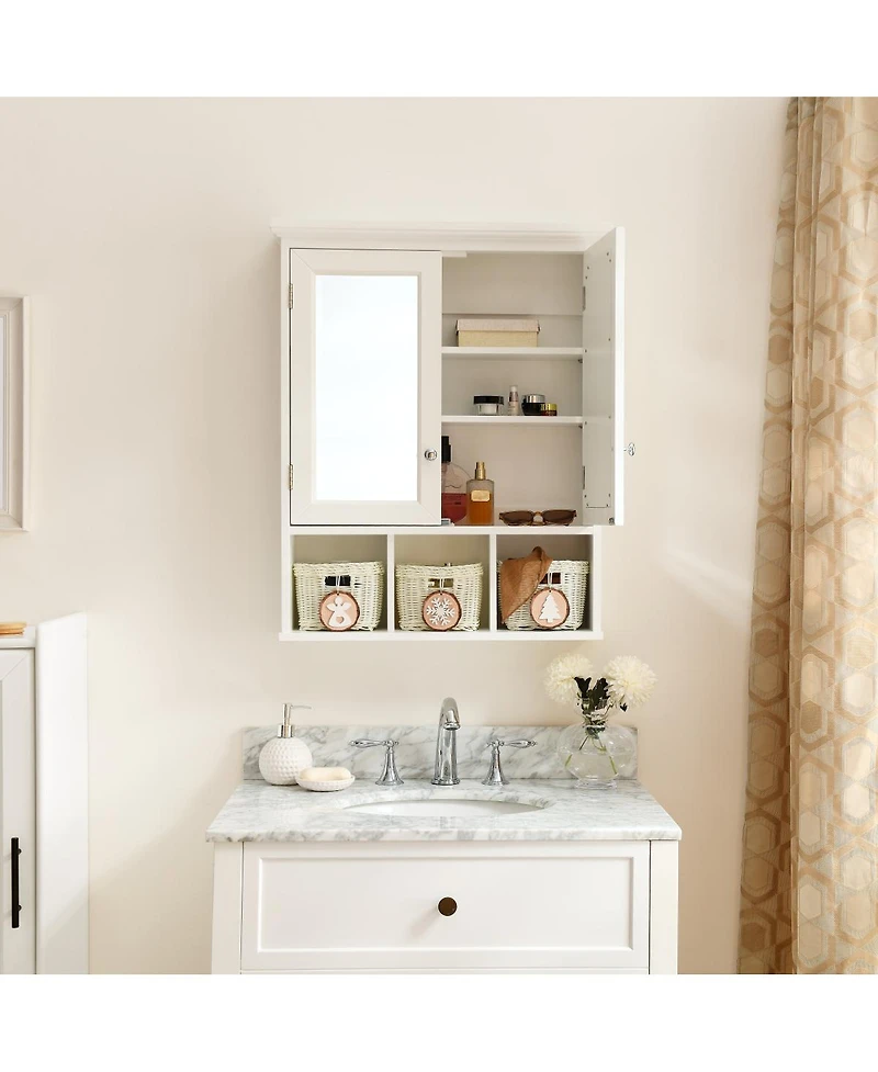 Streamdale White Wood Wall Cabinet with Mirrored Doors & Storage Baskets