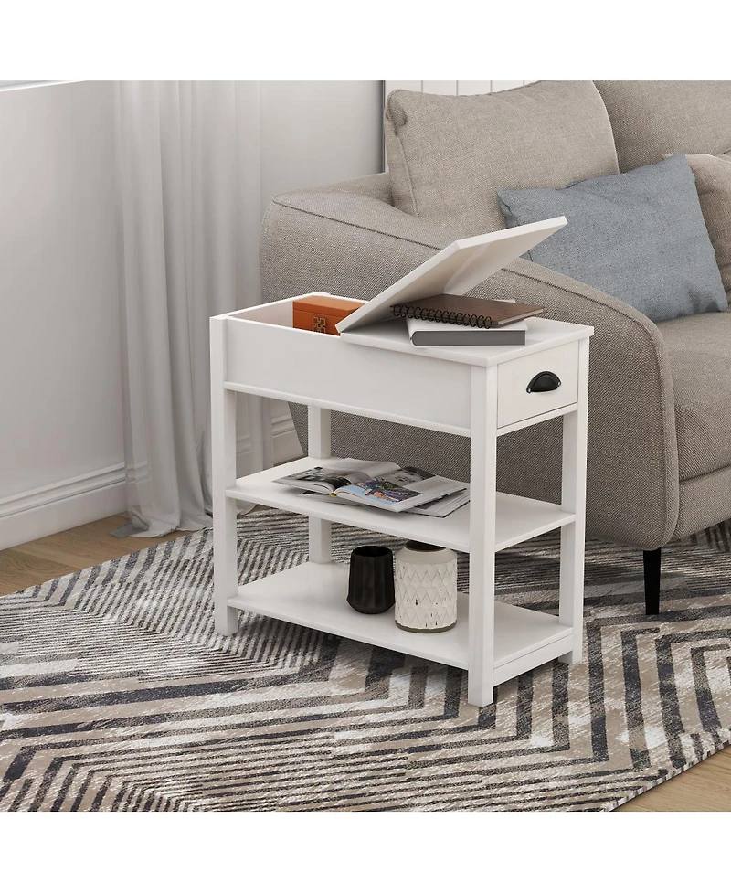 Streamdale Furniture Narrow Sided Table With Drawers And Bottom Partition In Flip Over Design - White