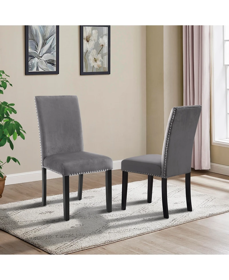 Contemporary Velvet Dining Chair with Nailhead Trim, Set of 2, Gray