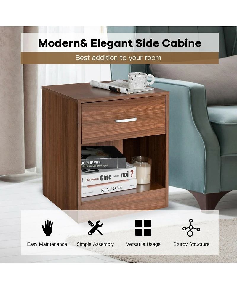 2-Tier Modern Wooden Nightstand with Storage Drawer and Open Cabinet