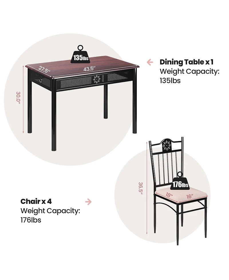Sugift 5 Pieces Dining Set Wood Metal Table and 4 Chairs with Cushions