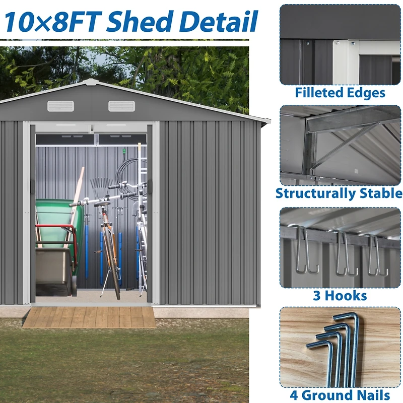 Spacious All-Weather 10x8 Galvanized Steel Storage Shed with Sliding Doors