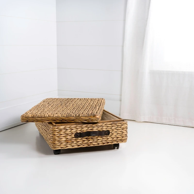 Chett 26.38" Minimalist Hand-Woven Hyacinth/Wood Underbed Storage Bin with Wheels and Handles
