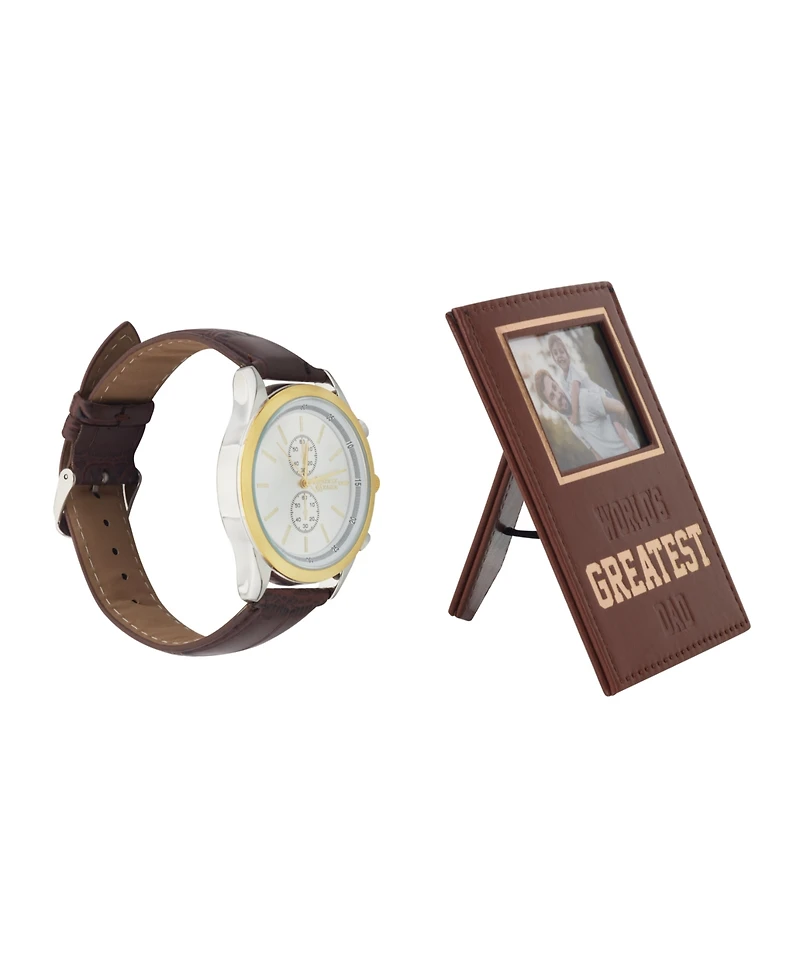 American Exchange Men's Brown Leather Strap Analog Watch 33mm Gift Set
