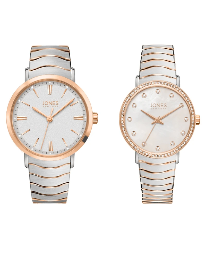 Jones New York Men and Women's Analog Two Tone Metal Alloy Bracelet His Hers Watch 42mm, 34mm Gift Set